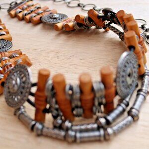 Vintage Wooden Beaded CONCHO Metal Chain Belt 34 Inch Boho